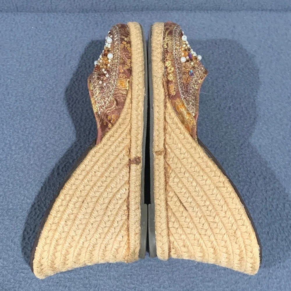 Y2K Fairy Espadrille Wedge Mules Women 8.5 Beaded Brocade Boho Artisan Sandals